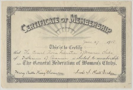 Certificate of Membership, Canal Zone Federation of Women's Clubs, 1908